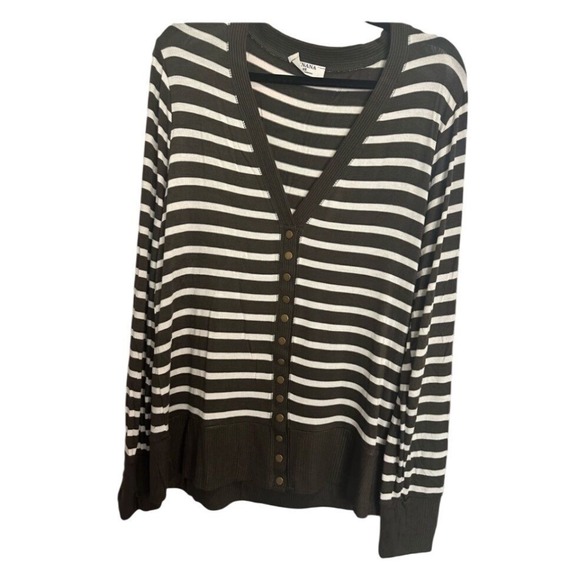 NEW Boutique Women's L Olive Green White Striped Button Front Cardigan Long Slv‎ - Picture 2 of 4